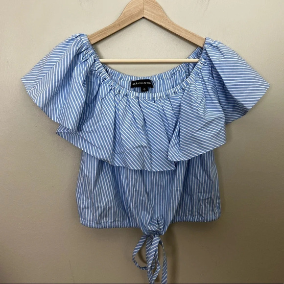 Jill Stuart • Striped Off The Shoulder Ruffle Crop Top - Picture 3 of 8